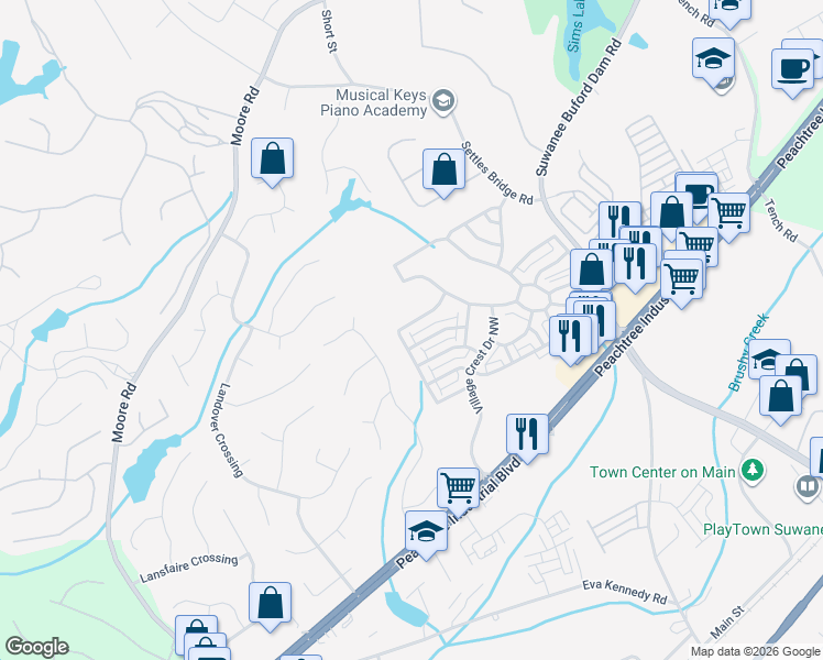 map of restaurants, bars, coffee shops, grocery stores, and more near 656 Village Manor Place in Suwanee