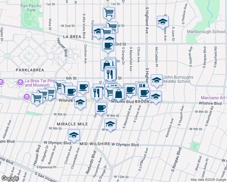map of restaurants, bars, coffee shops, grocery stores, and more near 655 South Sycamore Avenue in Los Angeles