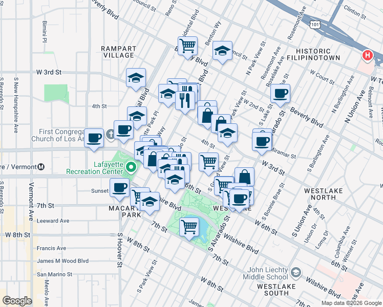 map of restaurants, bars, coffee shops, grocery stores, and more near 2544 West 5th Street in Los Angeles