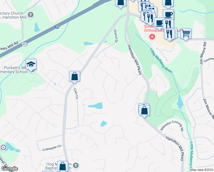 map of restaurants, bars, coffee shops, grocery stores, and more near 3205 Mary Todd Lane in Dacula