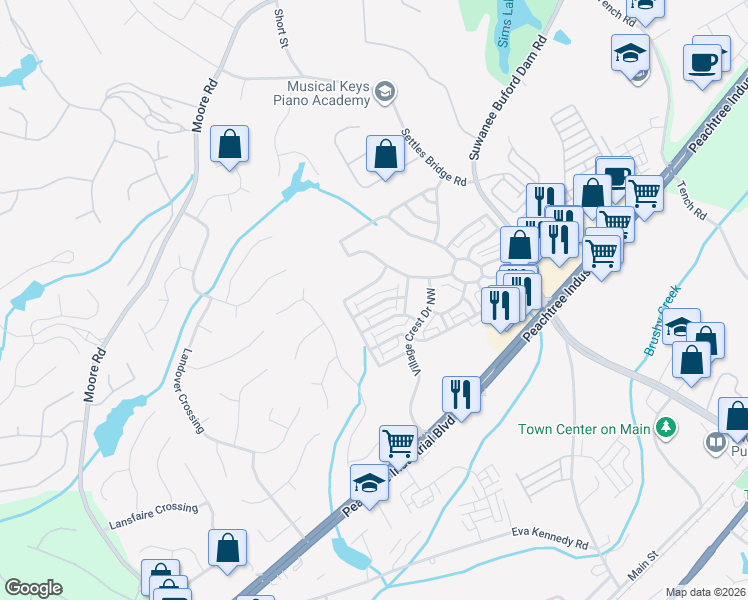 map of restaurants, bars, coffee shops, grocery stores, and more near 656 Village Manor Place in Suwanee
