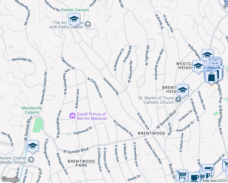 map of restaurants, bars, coffee shops, grocery stores, and more near 311 Homewood Road in Los Angeles
