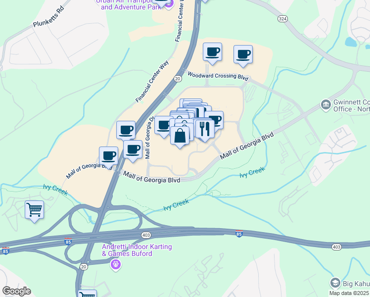 map of restaurants, bars, coffee shops, grocery stores, and more near 3333 Buford Drive in Buford