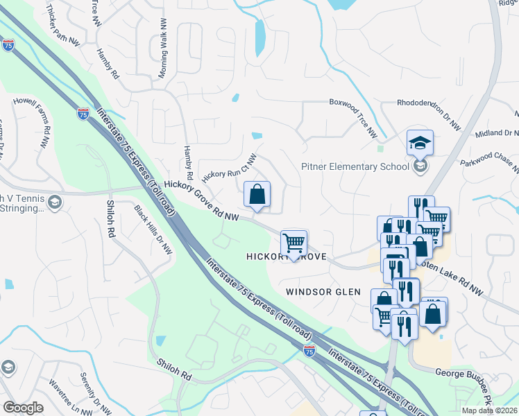 map of restaurants, bars, coffee shops, grocery stores, and more near 4510 Hickory Forest Drive Northwest in Acworth