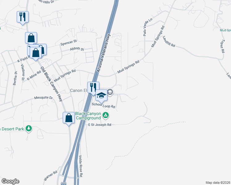 map of restaurants, bars, coffee shops, grocery stores, and more near 34611 Velda Rose Road in Black Canyon City