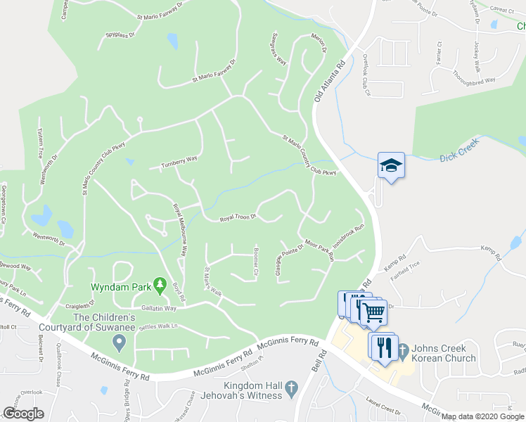 map of restaurants, bars, coffee shops, grocery stores, and more near 8310 Royal Troon Drive in Duluth