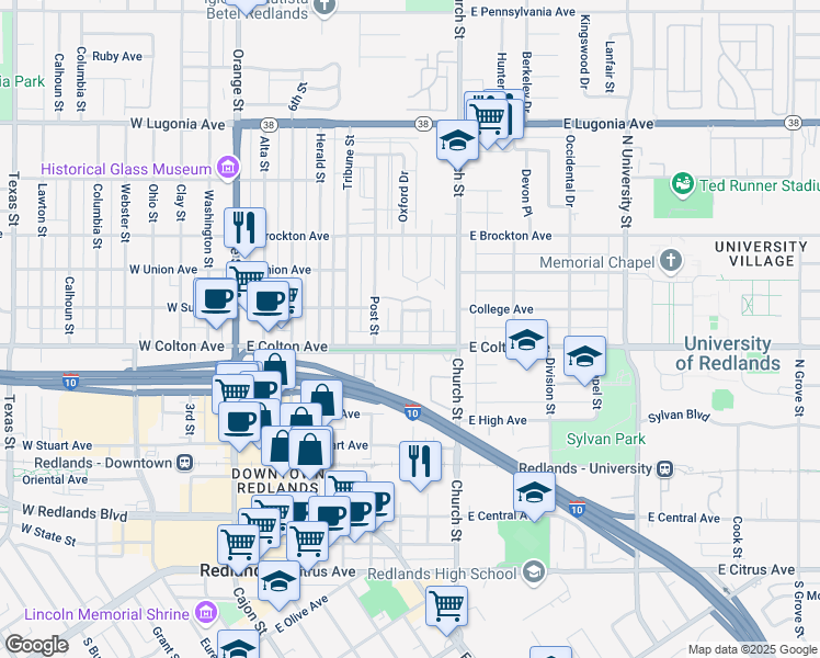 map of restaurants, bars, coffee shops, grocery stores, and more near 810 Oxford Drive in Redlands