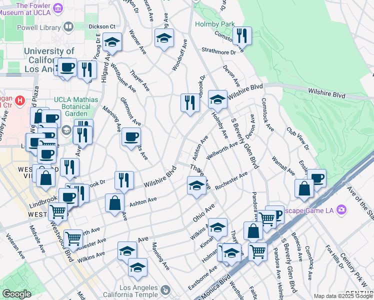 map of restaurants, bars, coffee shops, grocery stores, and more near 10520 Wilshire Boulevard in Los Angeles
