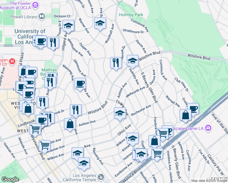 map of restaurants, bars, coffee shops, grocery stores, and more near 10520 Wilshire Boulevard in Los Angeles