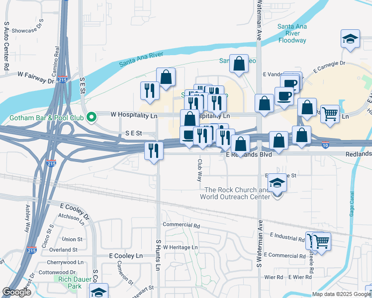 map of restaurants, bars, coffee shops, grocery stores, and more near in San Bernardino