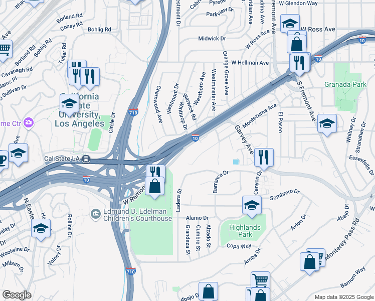 map of restaurants, bars, coffee shops, grocery stores, and more near 3200 West Ramona Road in Alhambra