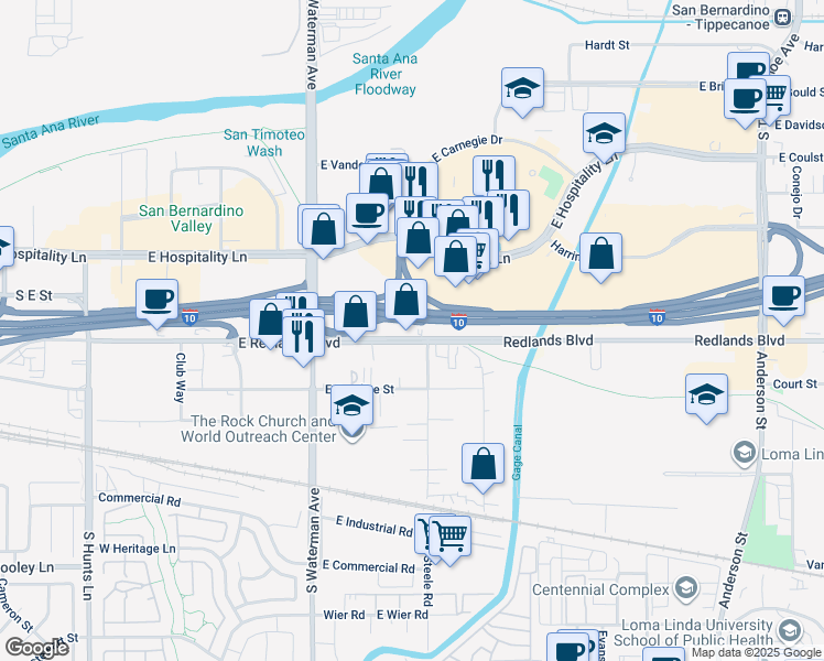 map of restaurants, bars, coffee shops, grocery stores, and more near 484 East Redlands Boulevard in San Bernardino