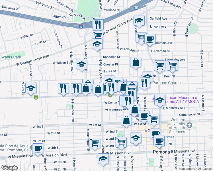 map of restaurants, bars, coffee shops, grocery stores, and more near 600 North White Avenue in Pomona
