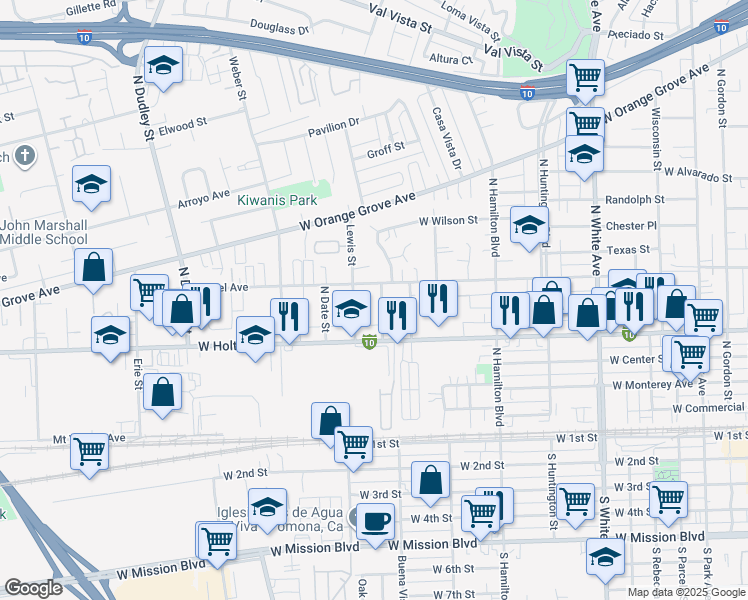 map of restaurants, bars, coffee shops, grocery stores, and more near 630 North Currier Street in Pomona