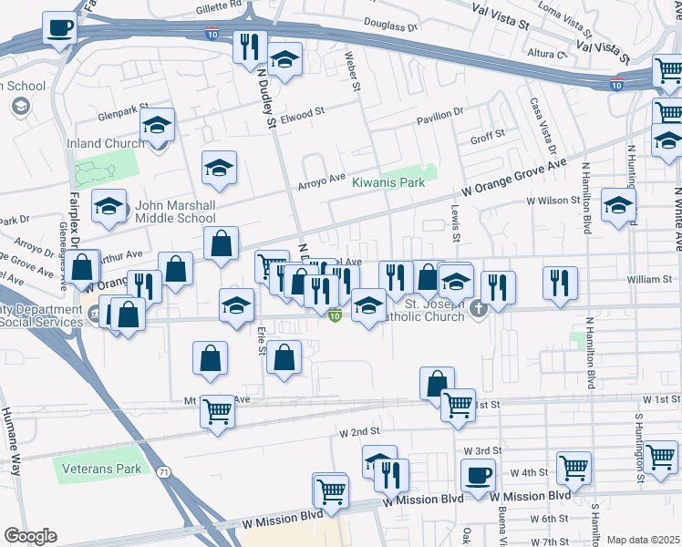 map of restaurants, bars, coffee shops, grocery stores, and more near 1550 Laurel Avenue in Pomona