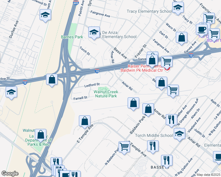 map of restaurants, bars, coffee shops, grocery stores, and more near 12902 Ledford Street in Baldwin Park