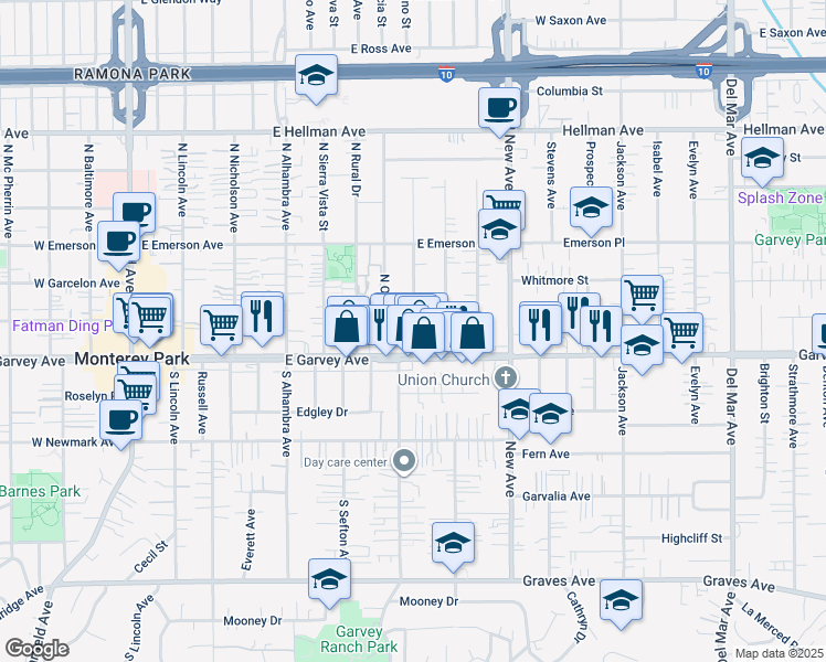 map of restaurants, bars, coffee shops, grocery stores, and more near 120 Gladys Avenue in Monterey Park