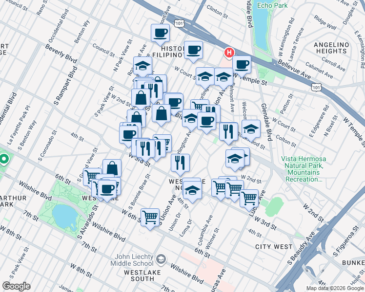 map of restaurants, bars, coffee shops, grocery stores, and more near 157 South Burlington Avenue in Los Angeles