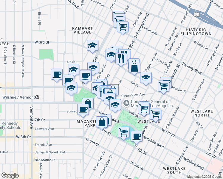 map of restaurants, bars, coffee shops, grocery stores, and more near 517 South Coronado Street in Los Angeles
