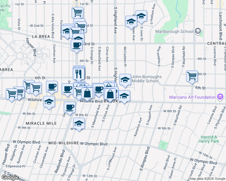 map of restaurants, bars, coffee shops, grocery stores, and more near 646 South Citrus Avenue in Los Angeles
