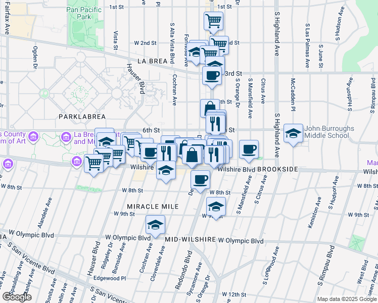 map of restaurants, bars, coffee shops, grocery stores, and more near 649 South Detroit Street in Los Angeles