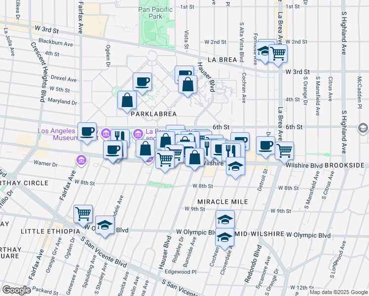 map of restaurants, bars, coffee shops, grocery stores, and more near 5757 Wilshire Boulevard in Los Angeles