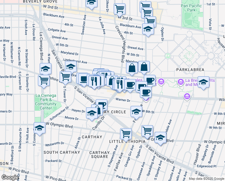 map of restaurants, bars, coffee shops, grocery stores, and more near 6322 Wilshire Boulevard in Los Angeles
