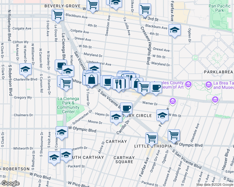 map of restaurants, bars, coffee shops, grocery stores, and more near 6420 Wilshire Boulevard in Los Angeles