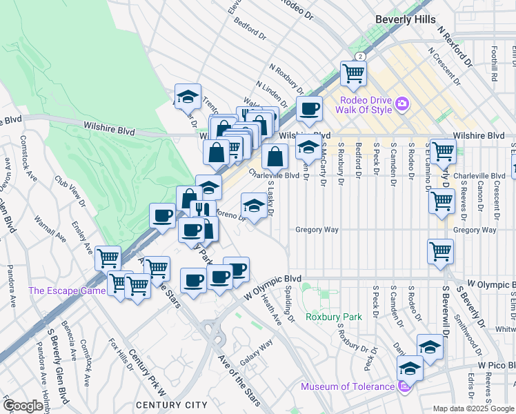 map of restaurants, bars, coffee shops, grocery stores, and more near 9941 Robbins Drive in Beverly Hills