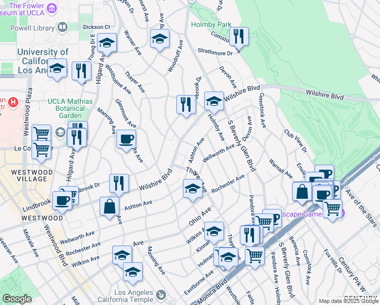 map of restaurants, bars, coffee shops, grocery stores, and more near 10512 Ashton Avenue in Los Angeles