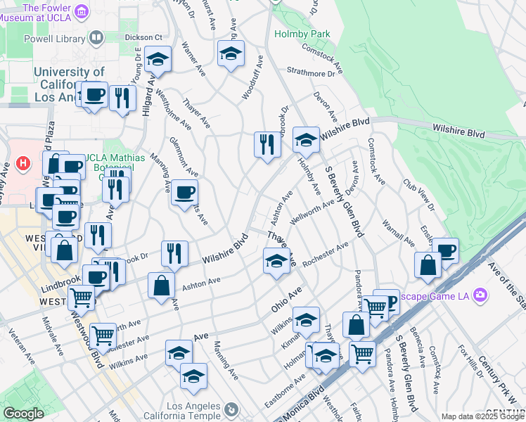 map of restaurants, bars, coffee shops, grocery stores, and more near 10500 Wilshire Boulevard in Los Angeles