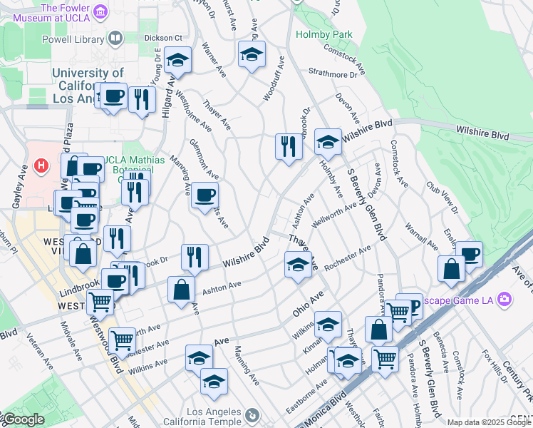 map of restaurants, bars, coffee shops, grocery stores, and more near 10500 Wilshire Boulevard in Los Angeles