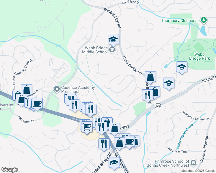 map of restaurants, bars, coffee shops, grocery stores, and more near 1405 Tamarack Way in Alpharetta