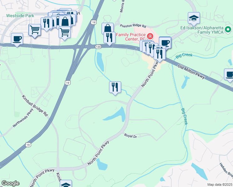 map of restaurants, bars, coffee shops, grocery stores, and more near 11700 Great Oaks Way in Alpharetta