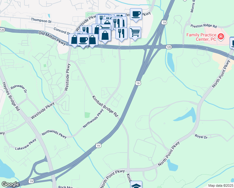 map of restaurants, bars, coffee shops, grocery stores, and more near 125 Rowan Avenue in Alpharetta