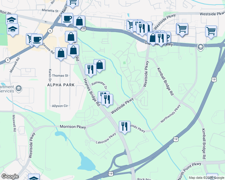 map of restaurants, bars, coffee shops, grocery stores, and more near 11625 Rainwater Drive in Alpharetta