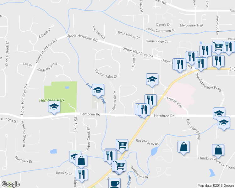 map of restaurants, bars, coffee shops, grocery stores, and more near 220 Hembree Forest Circle in Roswell