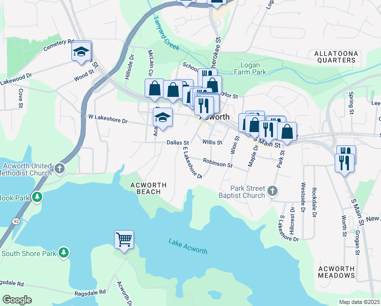 map of restaurants, bars, coffee shops, grocery stores, and more near 4424 Robinson Street in Acworth