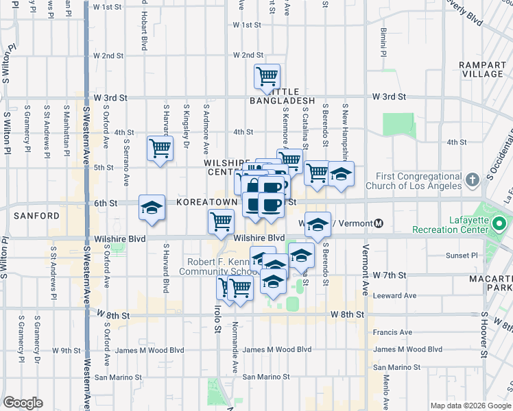 map of restaurants, bars, coffee shops, grocery stores, and more near 3500 West 6th Street in Los Angeles