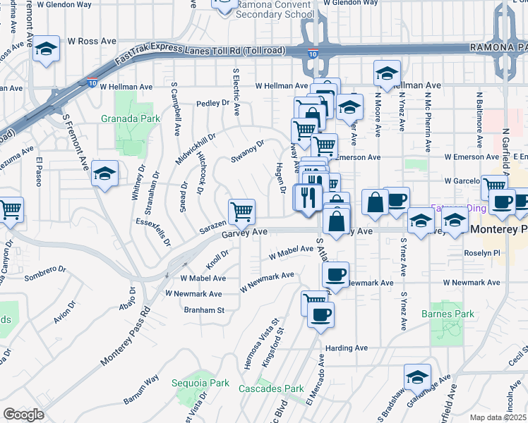 map of restaurants, bars, coffee shops, grocery stores, and more near 2515 Wetherhead Drive in Alhambra