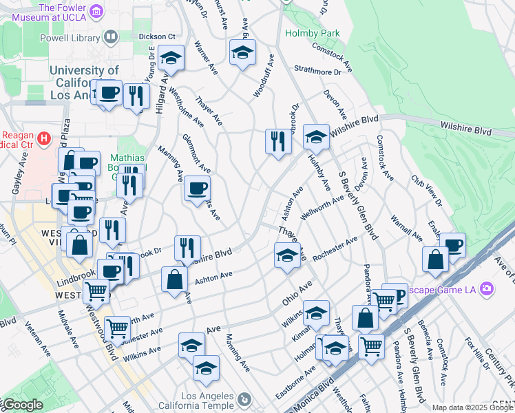 map of restaurants, bars, coffee shops, grocery stores, and more near 10535 Wilshire Boulevard in Los Angeles