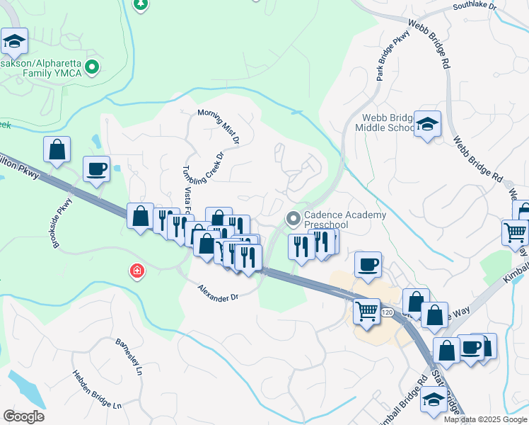 map of restaurants, bars, coffee shops, grocery stores, and more near 150 Rockberry Lane in Alpharetta