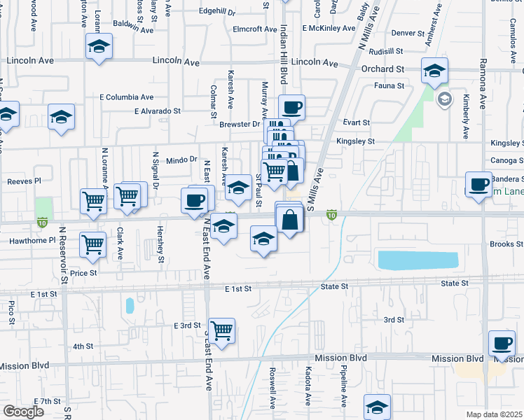 map of restaurants, bars, coffee shops, grocery stores, and more near 528 Saint Paul Street in Pomona