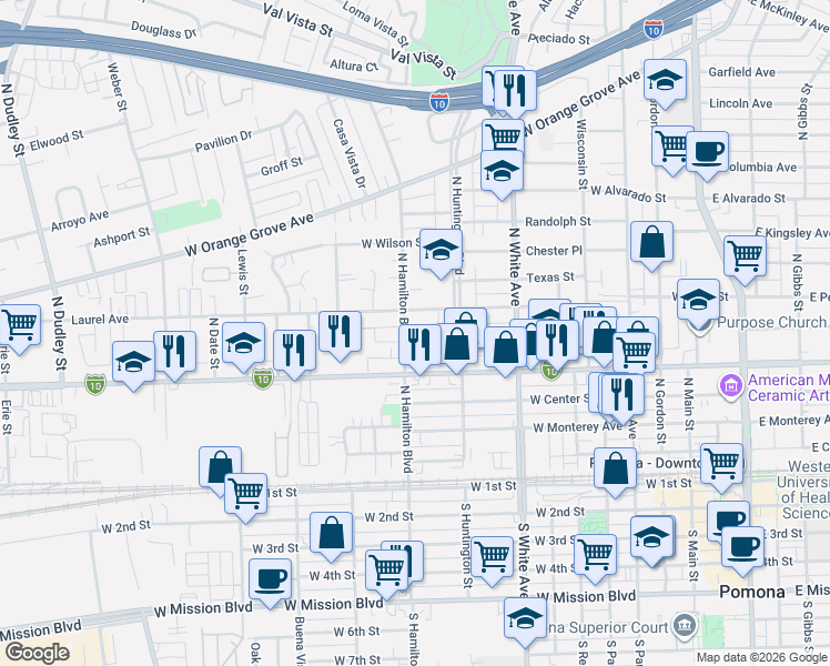 map of restaurants, bars, coffee shops, grocery stores, and more near 647 North Hamilton Boulevard in Pomona