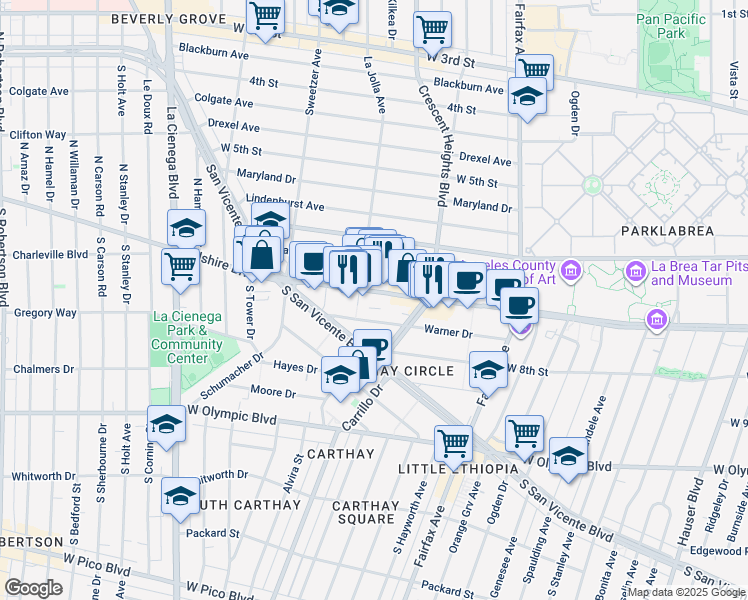 map of restaurants, bars, coffee shops, grocery stores, and more near 6380 Wilshire Boulevard in Los Angeles