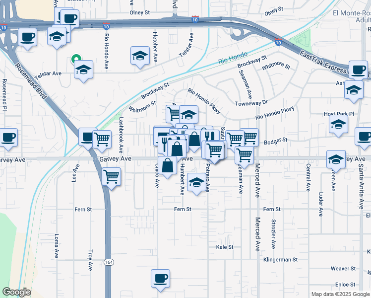 map of restaurants, bars, coffee shops, grocery stores, and more near 9663 Garvey Avenue in South El Monte