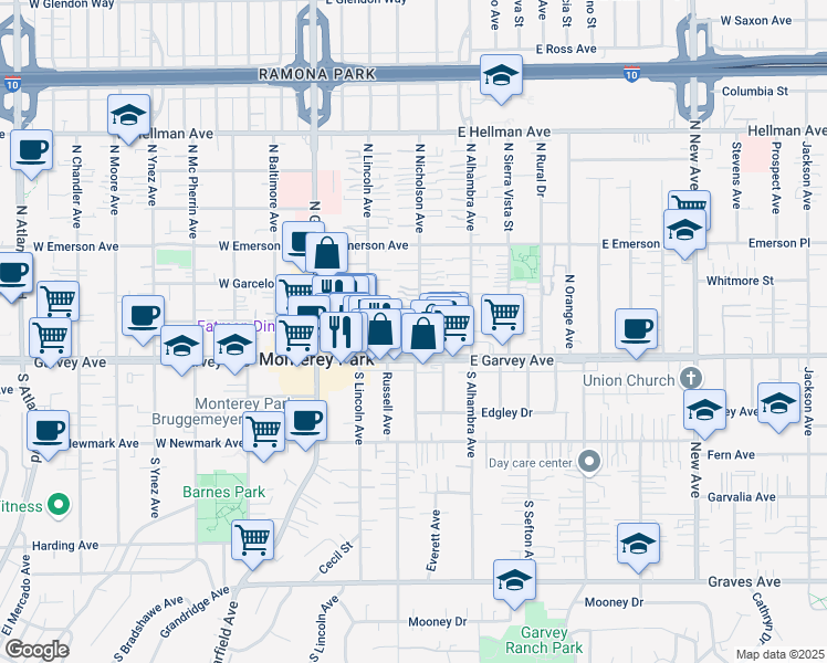 map of restaurants, bars, coffee shops, grocery stores, and more near 123 North Nicholson Avenue in Monterey Park