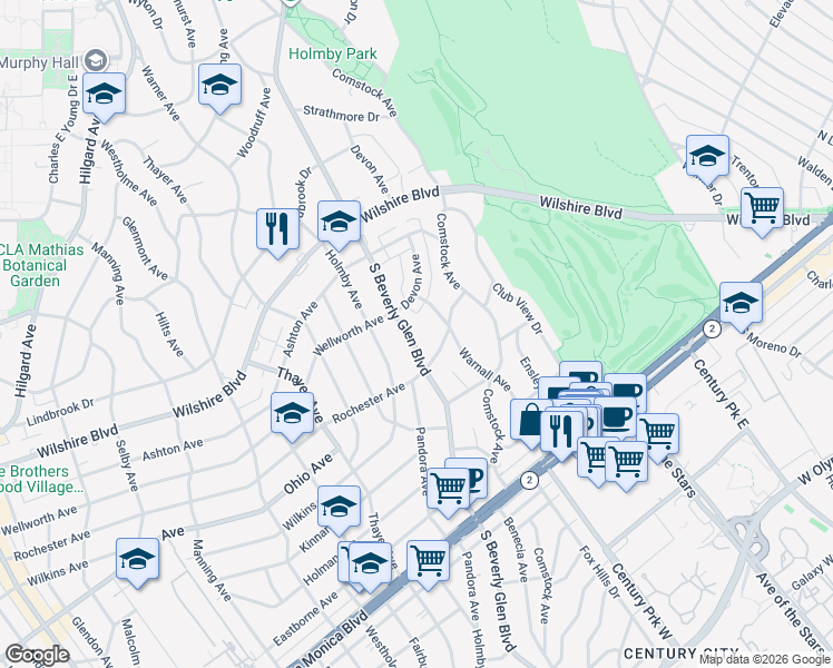 map of restaurants, bars, coffee shops, grocery stores, and more near 1318 1/2 South Beverly Glen Boulevard in Los Angeles