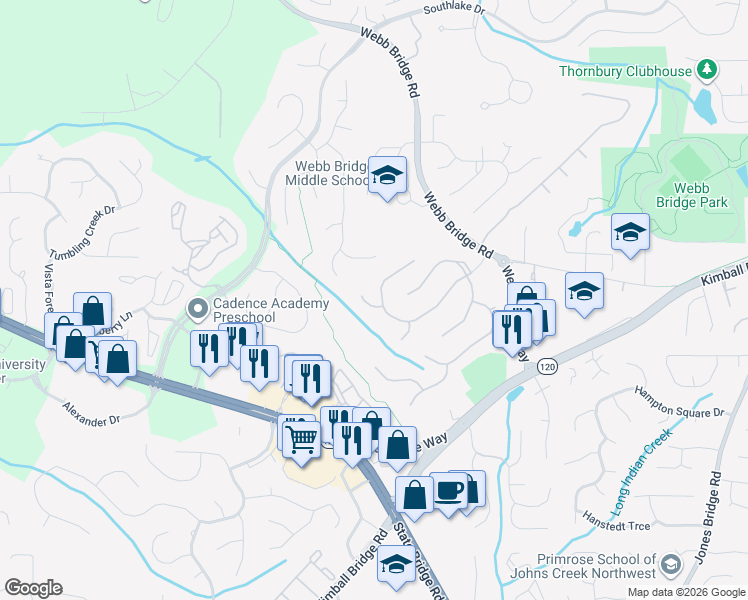 map of restaurants, bars, coffee shops, grocery stores, and more near 1405 Tamarack Way in Alpharetta