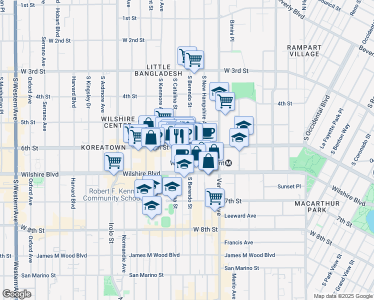 map of restaurants, bars, coffee shops, grocery stores, and more near 3300 West 6th Street in Los Angeles
